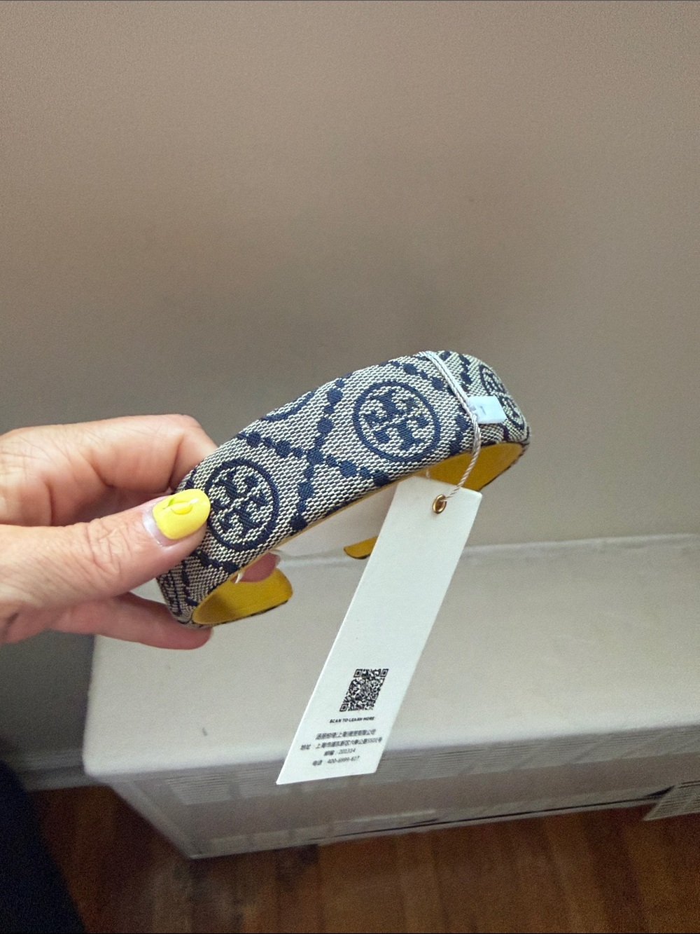 Tory Burch Logo Fabric Headband with Yellow Lining